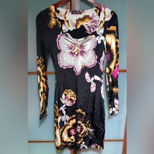 Roberto Cavalli Floral Artichoke Print Stretchy Jersey Draped Dress 2007 Size M